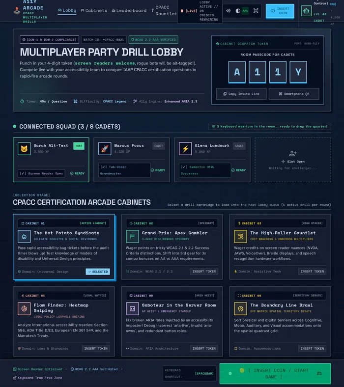 A11y Arcade game lobby and multiplayer mode selector interface