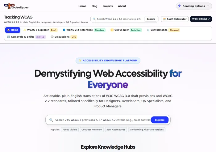 Tracking WCAG platform interface displaying the side-by-side comparison between WCAG 2.2 and WCAG 3.0 provisions