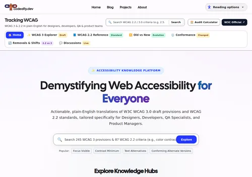 The Tracking WCAG home page, with the codea11y.dev header above the hub's search box and section tabs.