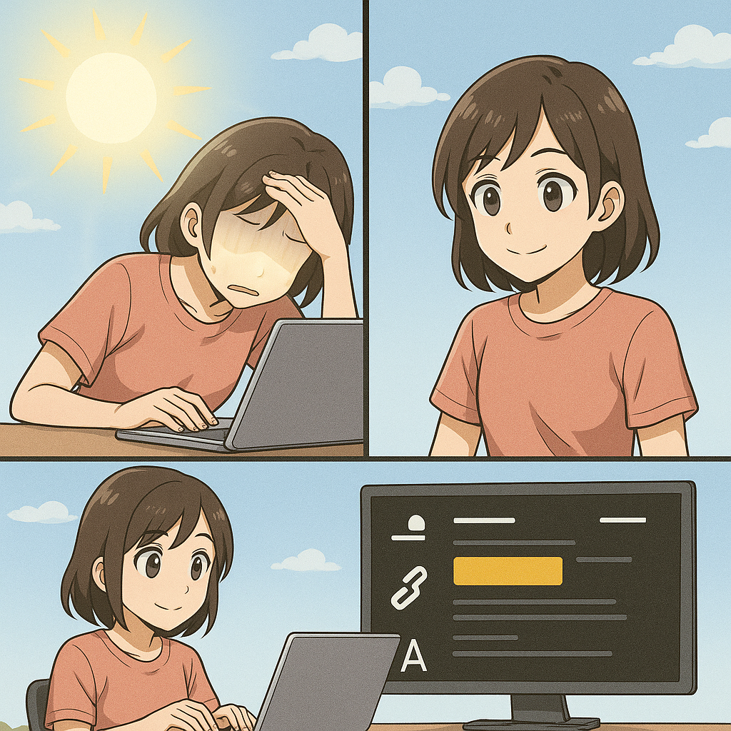 A woman is struggling to see content on her laptop due to glare. A site with high contrast text and images makes it easy to read even with glare.
